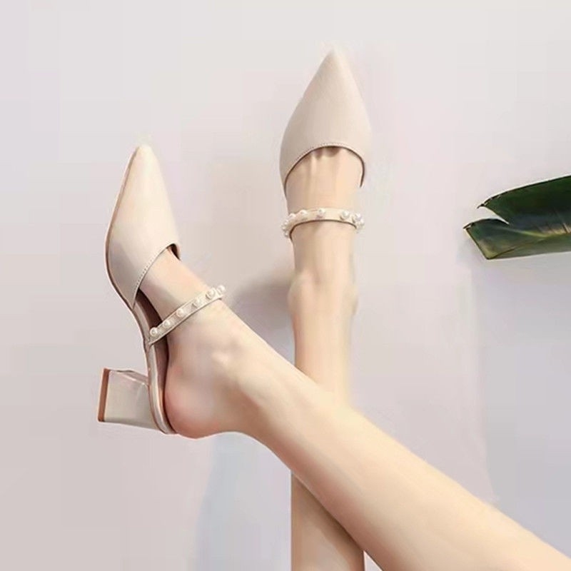 Vintage Fashion Heels - Kadın Vintage Sivri Burunlu Mules Kalın